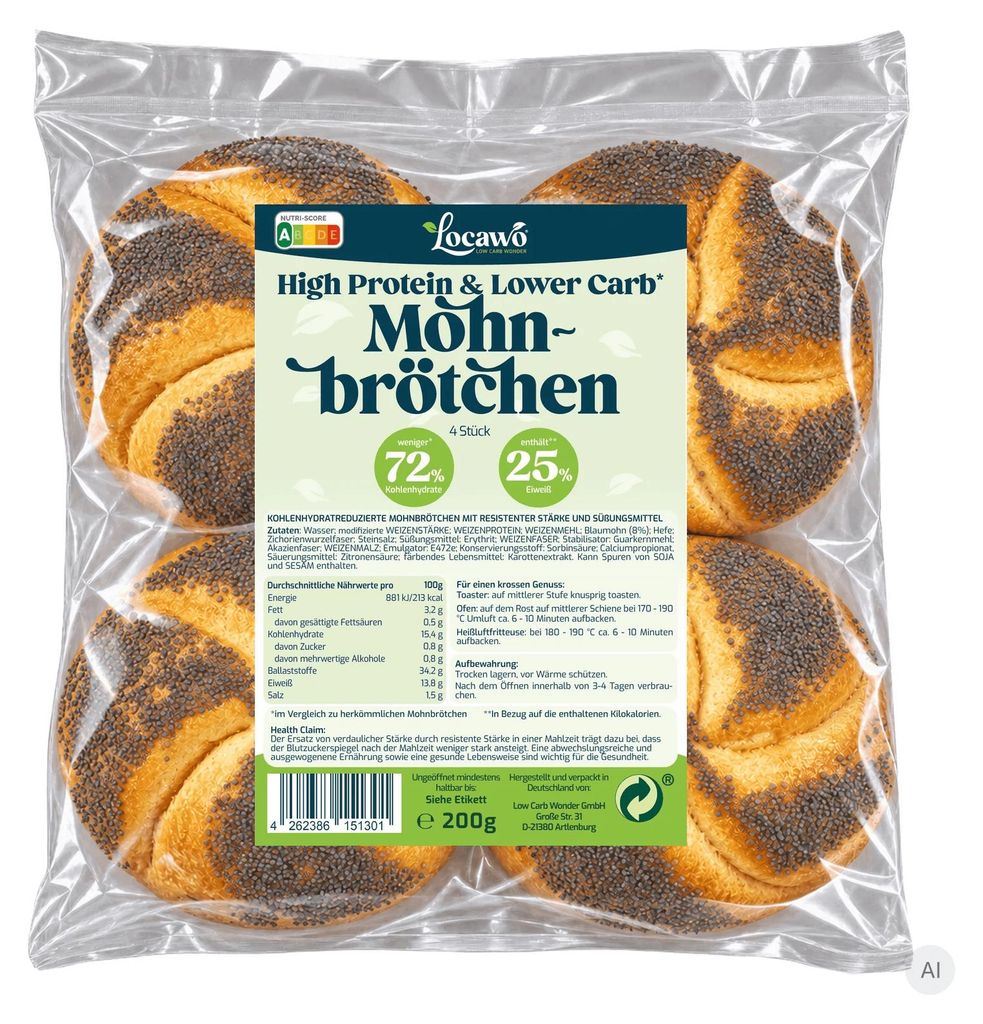 Locawo High Protein Low Carb Mohnbrötchen 200g Produktbild 