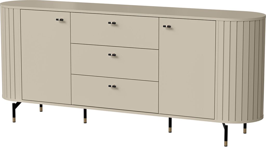 BETTSO Elegante zweitürige abgerundete Kommode mit geräumigen Schubladen auf hohen Beinen gefräst ZANTE Schwarz Kaschmir Beige