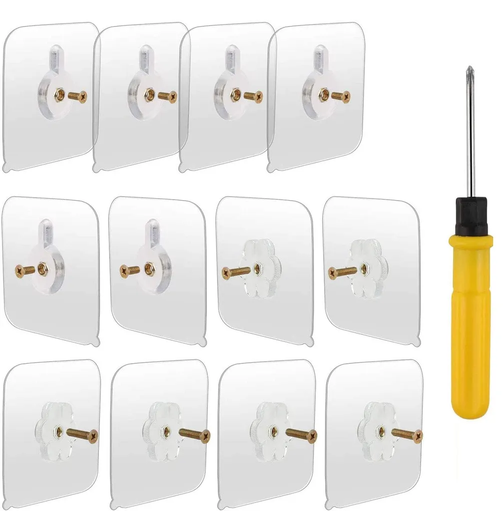 Lot de 12 crochets muraux autocollants transparents avec tournevis inclus
