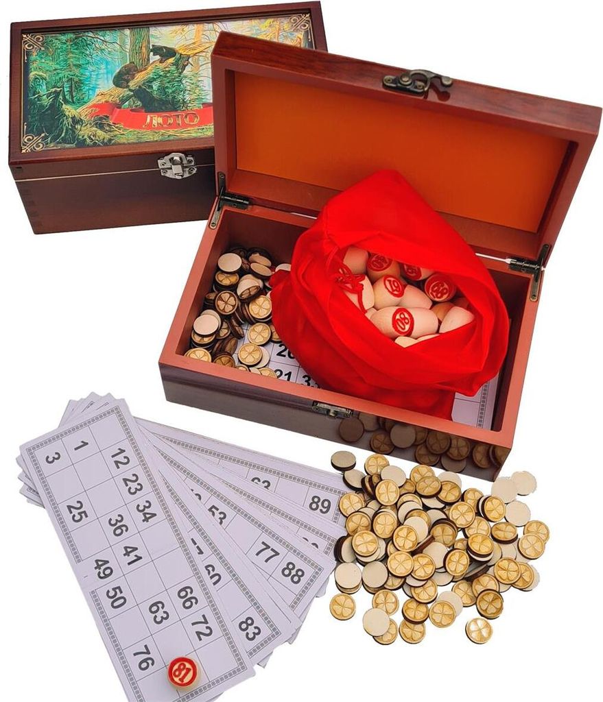 Russkoe Loto - Hochloma: Russisches Brettspiel in edler Holzbox mit 100 Extras Plätchen