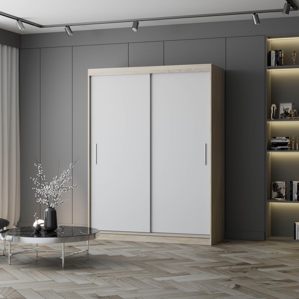 Schwebetürenschrank Kleiderschrank Schrank 150 cm Sonoma Eiche/Weiß ohne Spiegel mit LED-Beleuchtung Vista 04