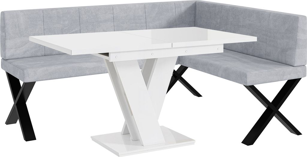 MEBLINI Eckbank für Esszimmer mit ausziehbarem Tisch - Küchenbank - Essecke - Sitzecke Küche - PETER - X-Beine 128x168x87cm Rechts - Hellgrau Sa...
