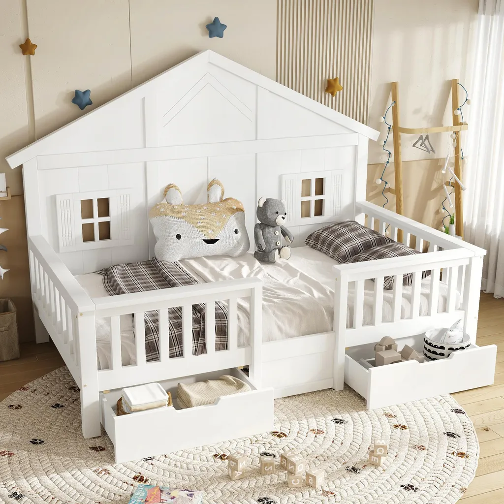 Lit Enfant Bois Blanc 90x200 cm avec 2 Tiroirs et Fenêtres Modèle OKWISH