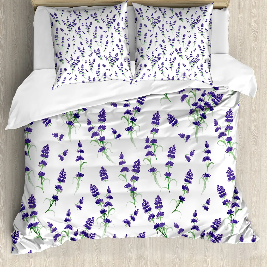 ABAKUHAUS Copripiumino con motivo floreale, opera d'arte acquerellata, antiacaro, adatto a chi soffre di allergie, con federe, 155 cm x 220 cm - 80 x 80 cm, viola verde