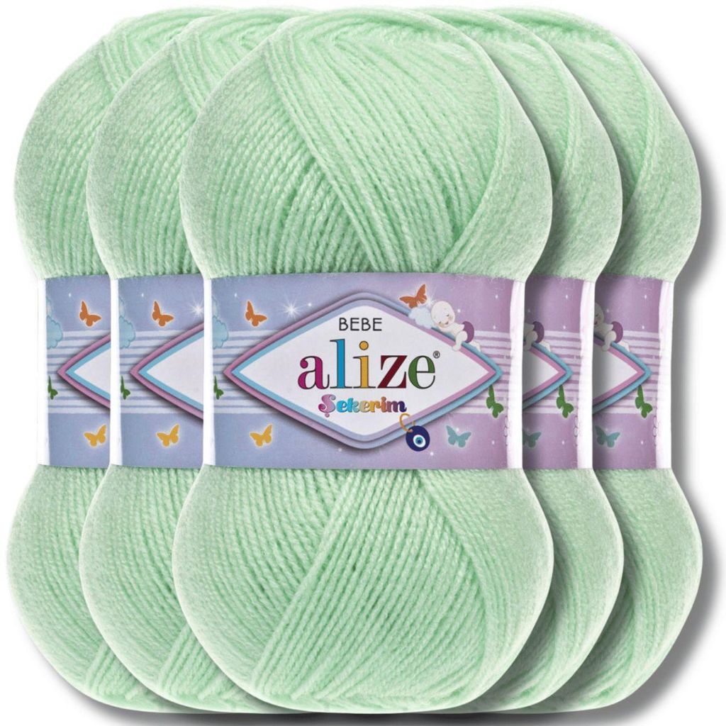 Alize 5x 100g Sekerim Bebe Wolle, Uni, Stricken, Häkeln (Nile Green - 188)
