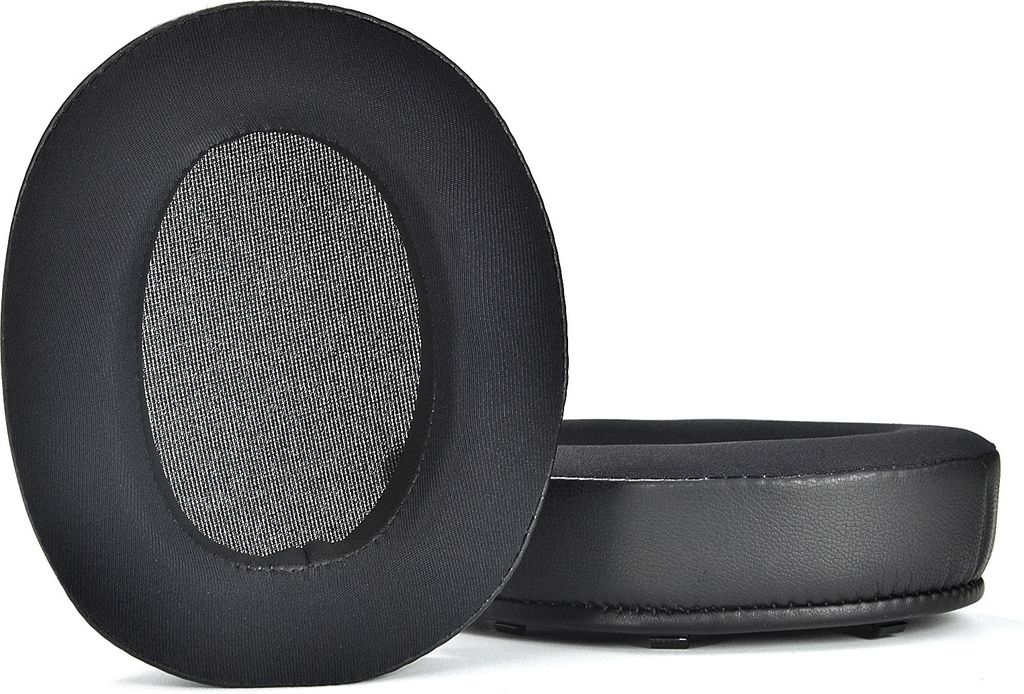 Two black ear pads for headphones are shown against a white background. One ear pad is shown from the front, and the other is shown from the side.