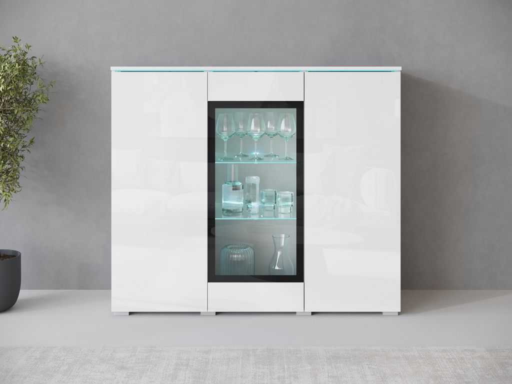 MINIO go for it, Kommode „VEVE“, 120 cm, Vitrine, mit Glasfront, Hochglanzfronten, mit LED-Beleuchtung, Weiß Farbe