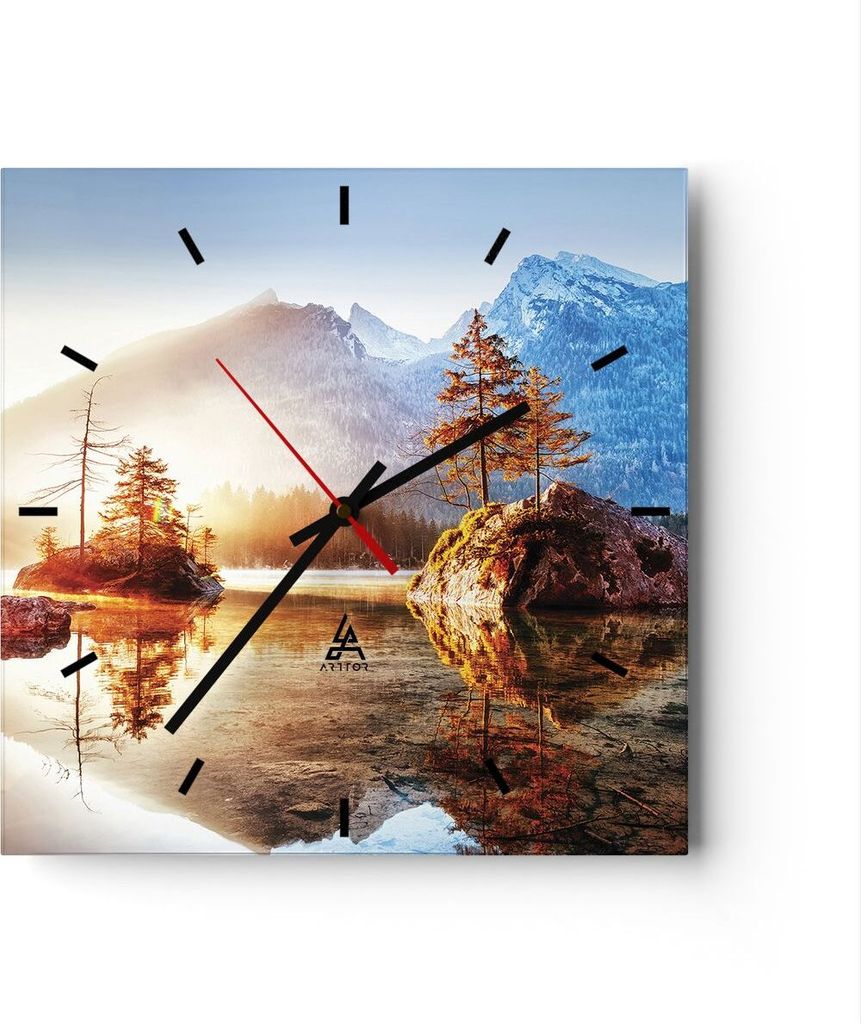 Wanduhr - Quadrat - Glasuhr - Morgendämmerung Berge See - 40x40cm - Schleichendes Uhrwerk - Lautlos - zum Aufhängen bereit - Dekoration Modern - ...