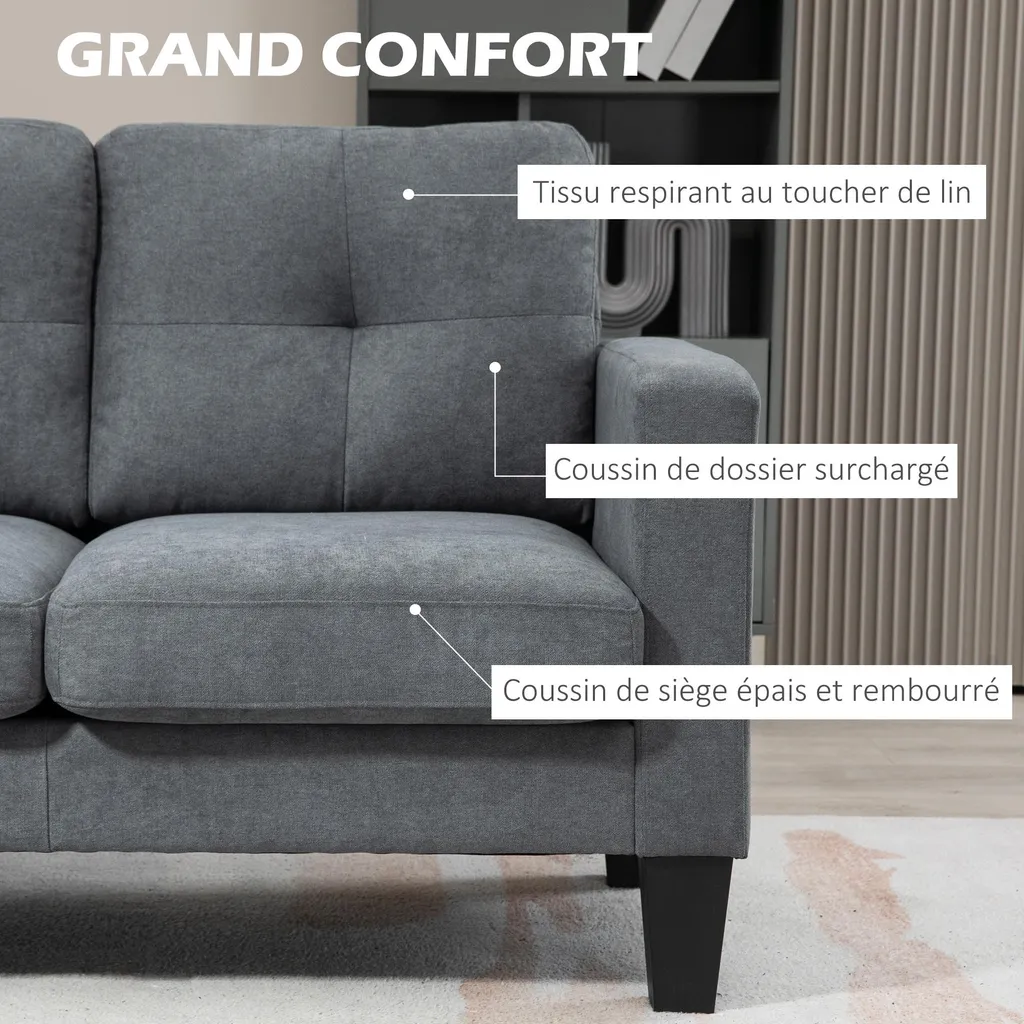 HOMCOM Canapé d'angle 3 places gris chiné avec méridienne réversible