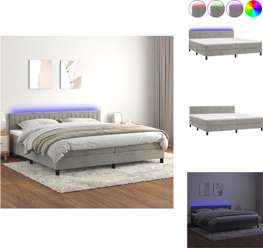 vidaXL Boxspringbett mit Matratze & LED Hellgrau 200x200 cm Samt - Betten & Bettgestelle