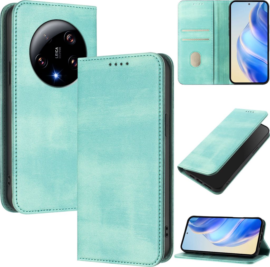 Handyhülle für Xiaomi 13 Ultra, Vintage Leder RFID Schutz Kartenfach Standfunktion Magnetische Klapphülle Türkis