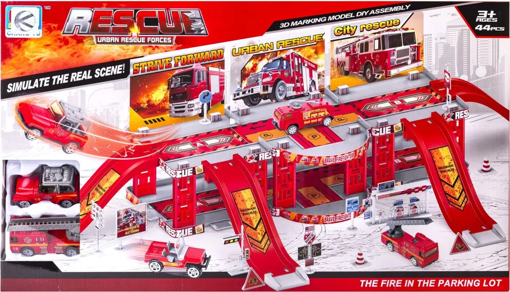 Parking Pompiers Multiniveaux avec Rampes de Lancement et 2 Voitures
