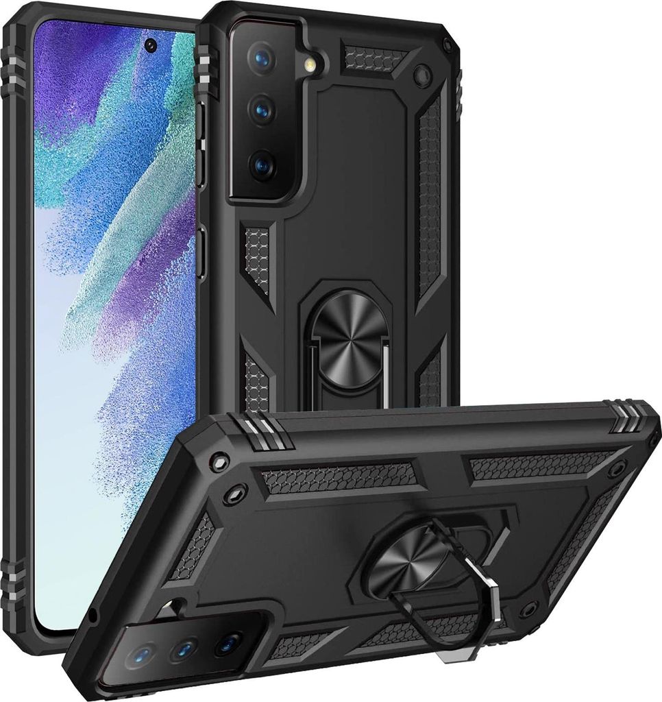 A black protective phone case with a ring stand is shown from multiple angles.