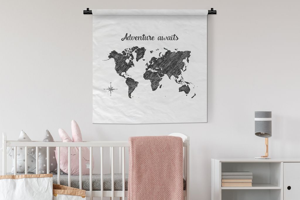 MuchoWow Wandteppich Wandbehang Weltkarte - Zitat - Das Abenteuer wartet 90x90 cm Tapisserie Dekoration Wandtuch - Wandaufhänger