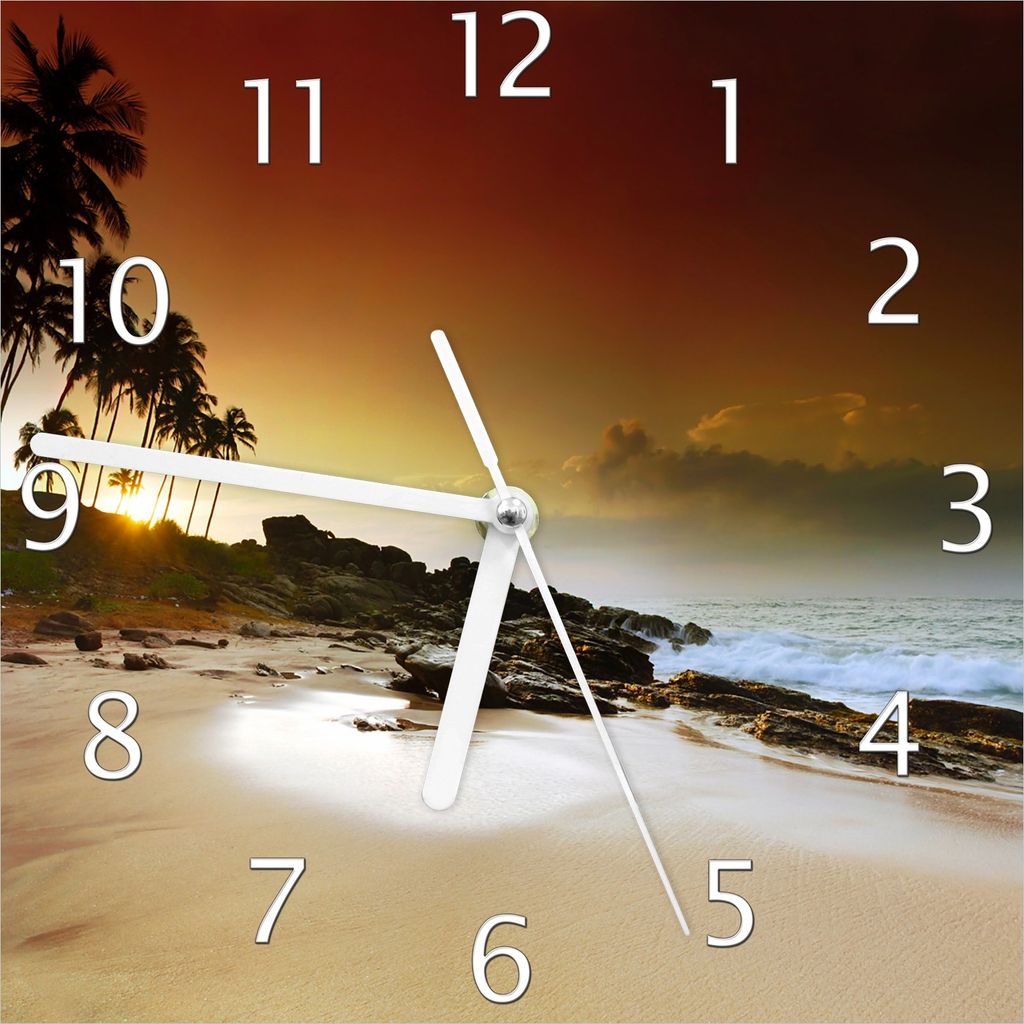 Wallario Design Wanduhr Sri Lanka - Palmenstrand mit Sonnenuntergang aus Echtglas, Größe 20 x 20 cm