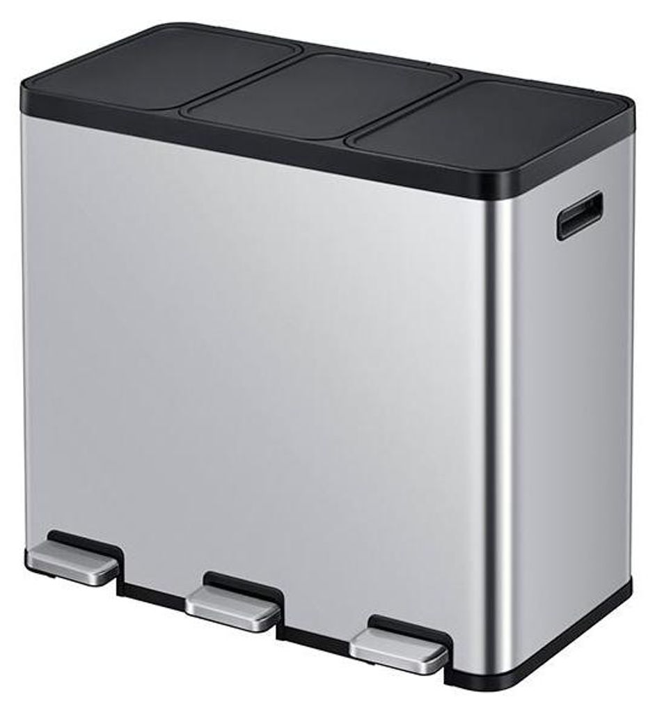 A three-compartment recycling bin with silver body and black lids and pedals.