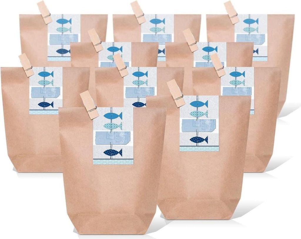 25 kleine braune natur Geschenktüten Papier-Tüten + beschreibbare Aufkleber WEISS KLEEBLATT Glücksbringer 14 x 22 x 5,6 cm Verpackung Geschenk H...