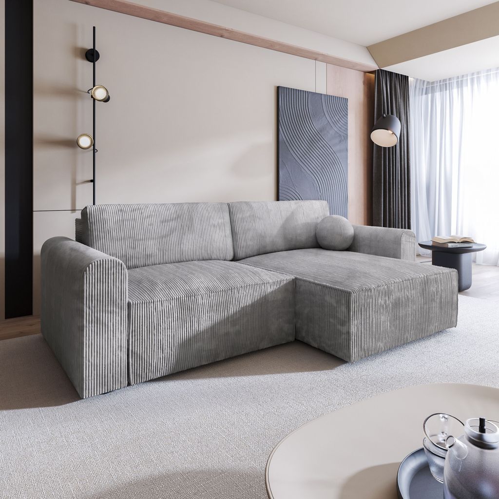 Masseno Ecksofa FIANO P mit Schlaffunktion L-Form, Sofa mit Bettkasten, Wohnzimmersofa, Couch, Soffa, Bettsofa, Couchgarnitur- Hellgrau, POSO 55