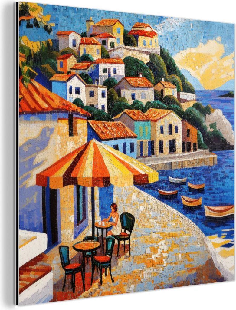 MuchoWow Wanddekoration Metall Metallbild Wandkunst 20x20 cm Küstendorf - Ferienhäuser - Mosaik - Meer MuchoWow Aluminium Gemälde - Alu Dibond B...