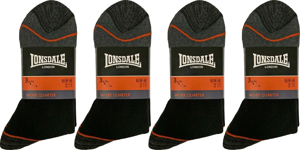 Lonsdale 12 Paar Quarter Arbeitssocken-Socken- Baumwolle (Schwarz, 39-42)