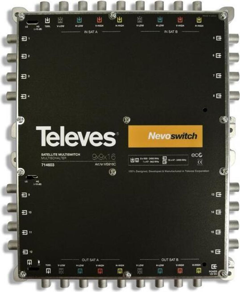 Televes 714603, 9 Eingänge, 25 Ausgänge, 950 - 2400 MHz, 88 - 862 MHz, 10 dB, 4 dB