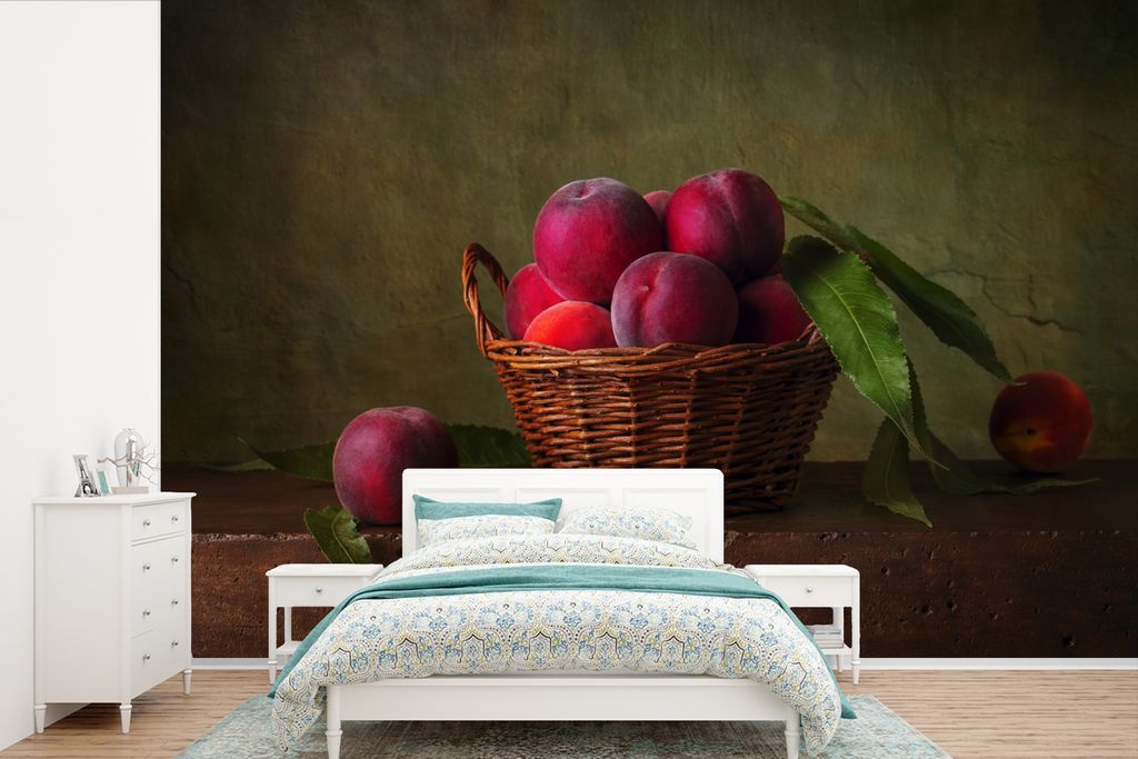 MuchoWow Fototapete für Wohnzimmer oder Schlafzimmer Wandtapete Vinyl Motivtapete Korb - Pflaume - Rosa - Rustikal - Obst - Stilleben - 420x280 ...