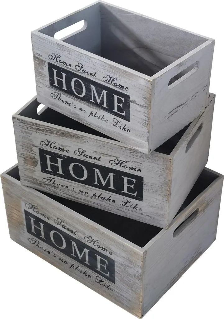 Offerta Set 3 Cassette Legno Milani Home Grigio - Stile Shabby Chic Unico