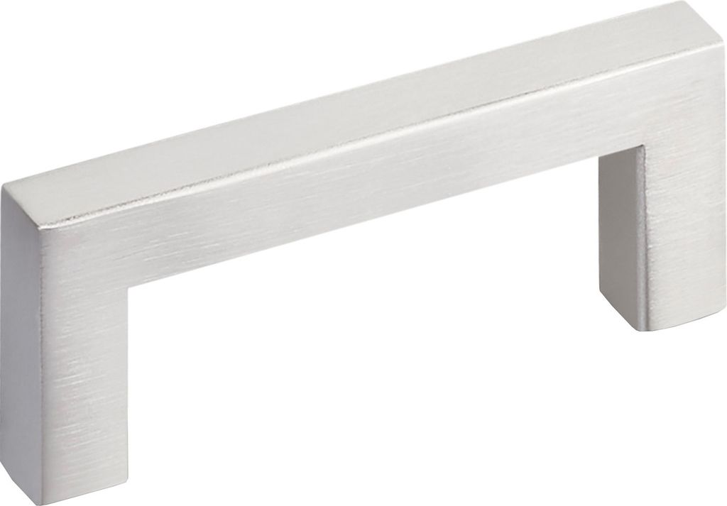 A single silver cabinet handle on a white background.