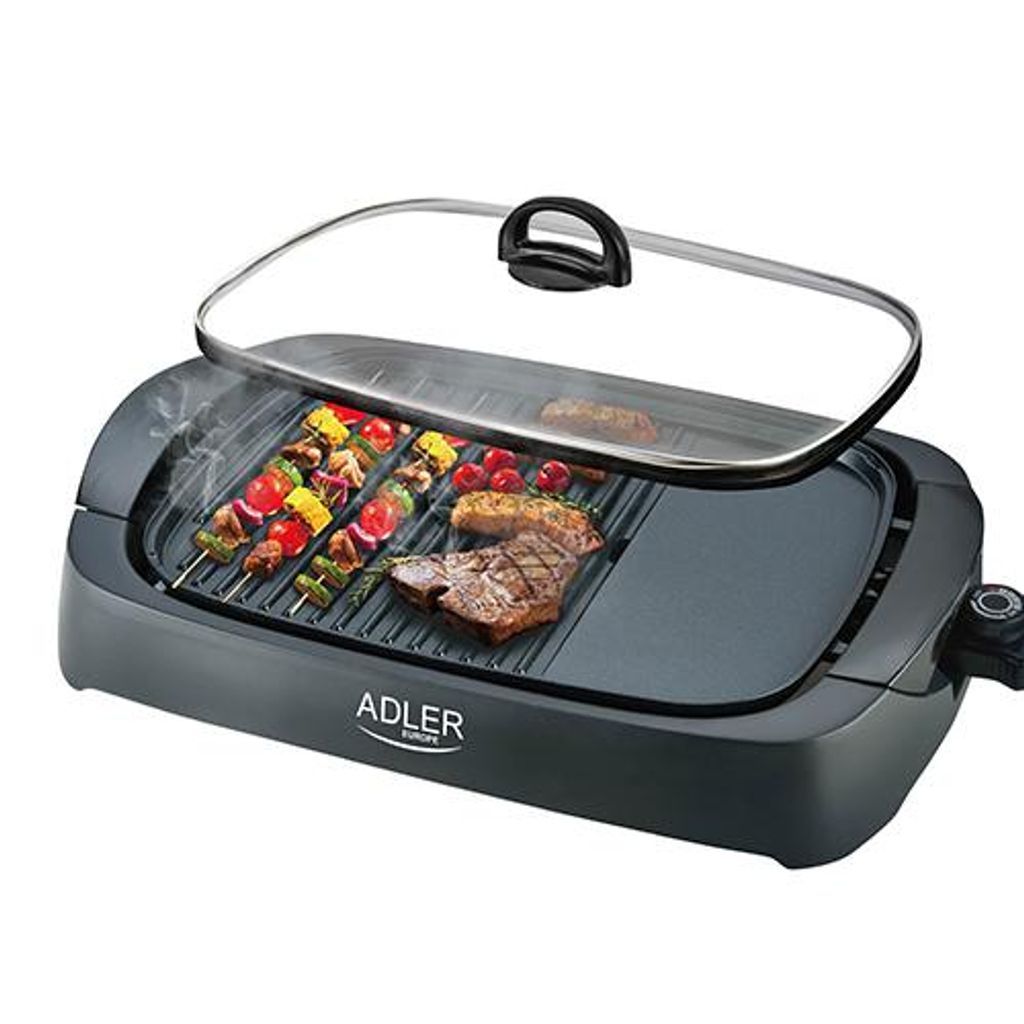 JUNG ADLER AD6610 Elektrogrill mit Glasdeckel, Tischgrill elektrisch 2200W, 2 Zonen, Elektro Grill Balkon Antihaftbeschichtet 51 x 34 x 15 cm