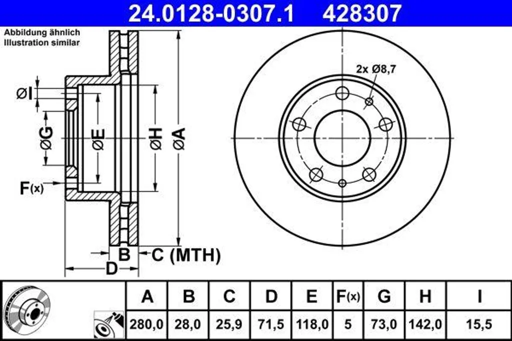 Disque de frein haute performance ATE 24.0128-0307.1 acier traité carbone