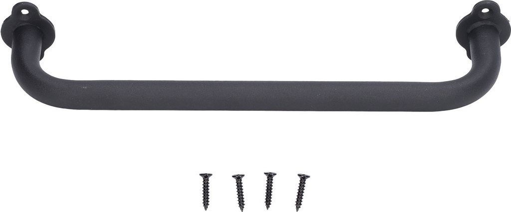 A black barn door handle with four screws shown below it, all on a white background.