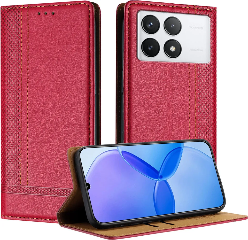 Custodia per Xiaomi Poco X6 Pro/Redmi K70E 5G in pelle con funzione stand rosso