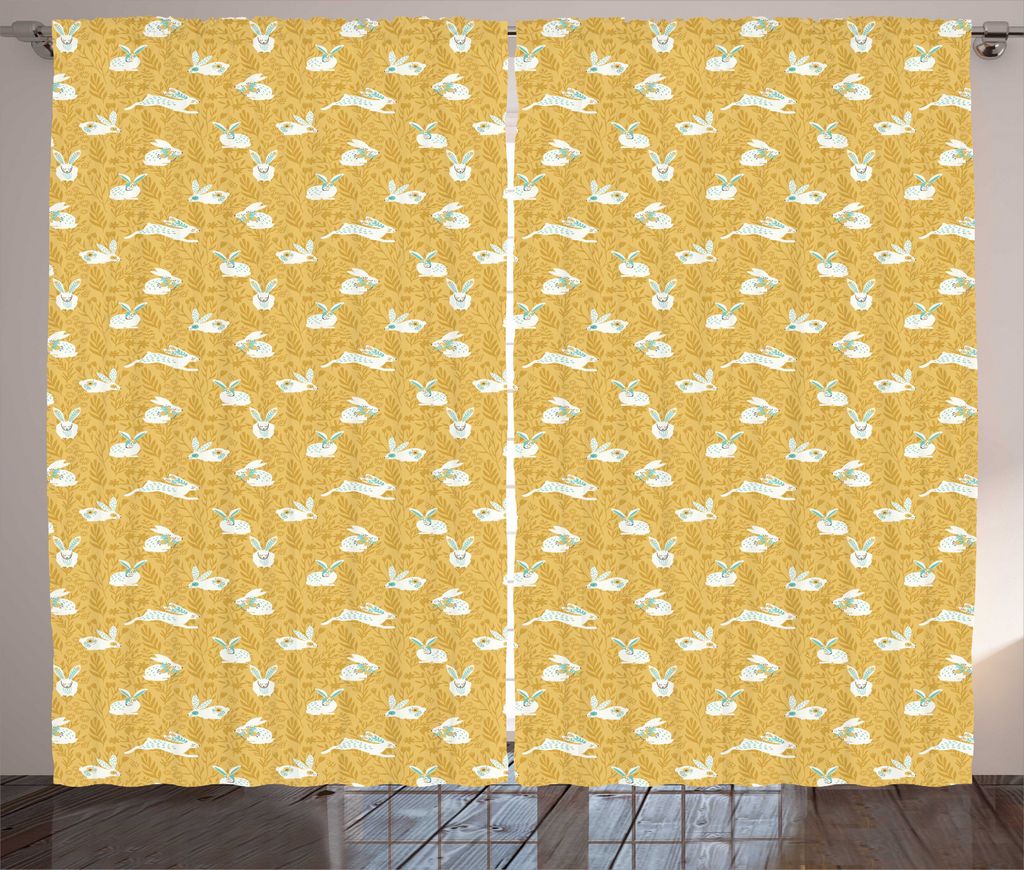ABAKUHAUS Hase Rustikaler Gardine, Landschaft Tiere Blumen, Schlafzimmer Kräuselband Vorhang mit Schlaufen und Haken, 280 x 245 cm, Mustard Seafoa...