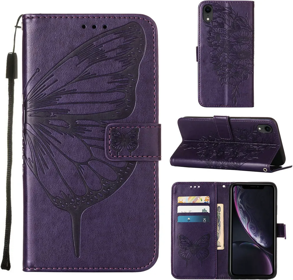 custodia iPhone XR, Butterfly Embossing Flip Leather Card Holder Case Custodia in pelle con supporto per iPhone XR Purple