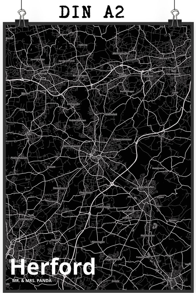 Mr. & Mrs. Panda Bild Herford DIN A2 - Geschenk, Wandbild, Stadt, Kunstdruck, drucke, wanddeko, Dorf Karte Landkarte Map Stadtplan, Plakat
