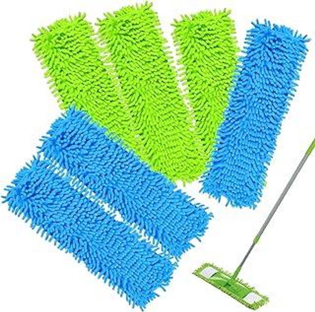 6 er Pack handwaschbare Chenille-Flachmopp-Ersatztücher 42 x 12 cm Wischmopp Bezug aus Mikrofaser in Blau /Grün für Alle Gängigen Klapphalter -...