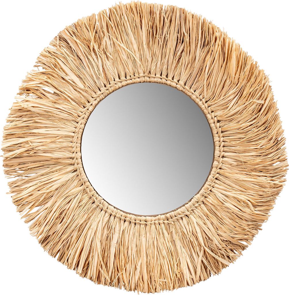 A round mirror with a woven raffia frame.