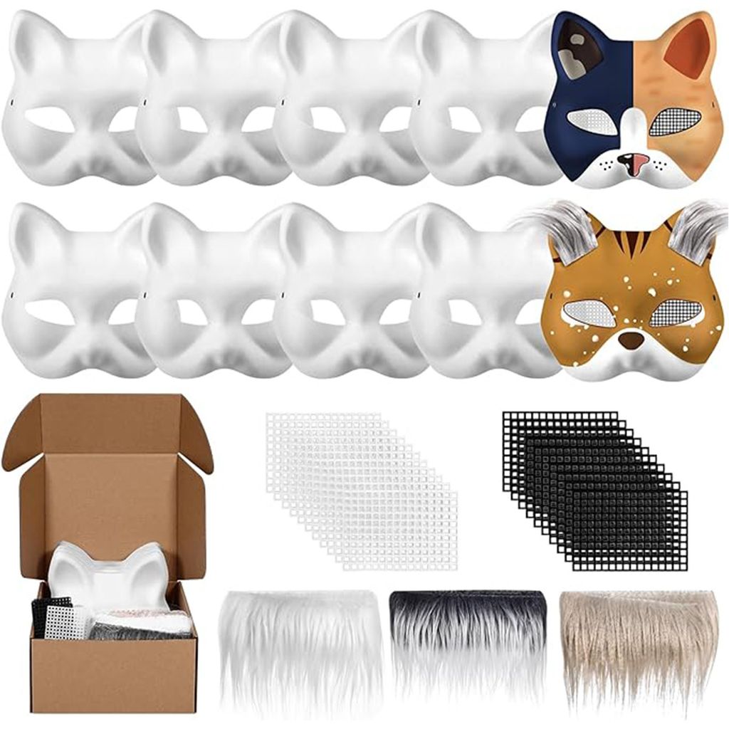 DIY Katzenmasken zum Bemalen, 10 Stück weiße Papiermasken Produktbild 