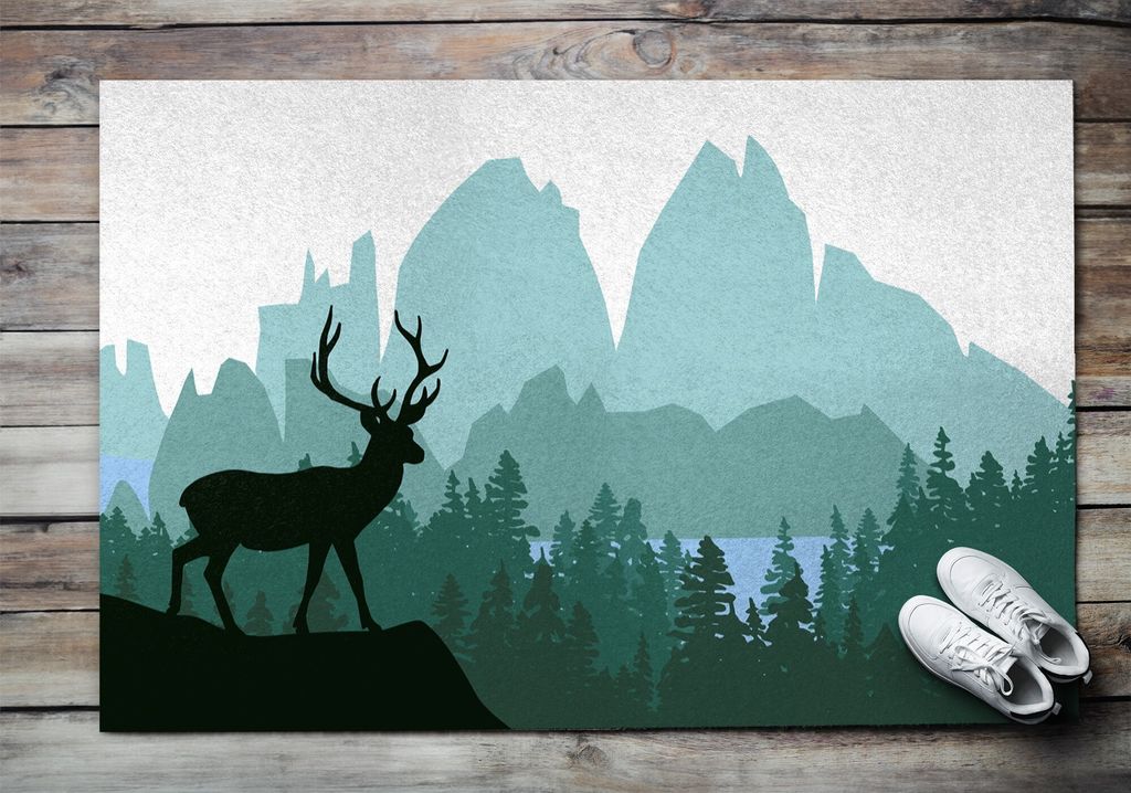 Fußmatte Aussen - Schuhmatte Haustür- Schmutzfangmatte Türvorleger - Outdoor Teppich Schmutzfänger - 150x100 cm - Waldlandschaft mit Hirsch
