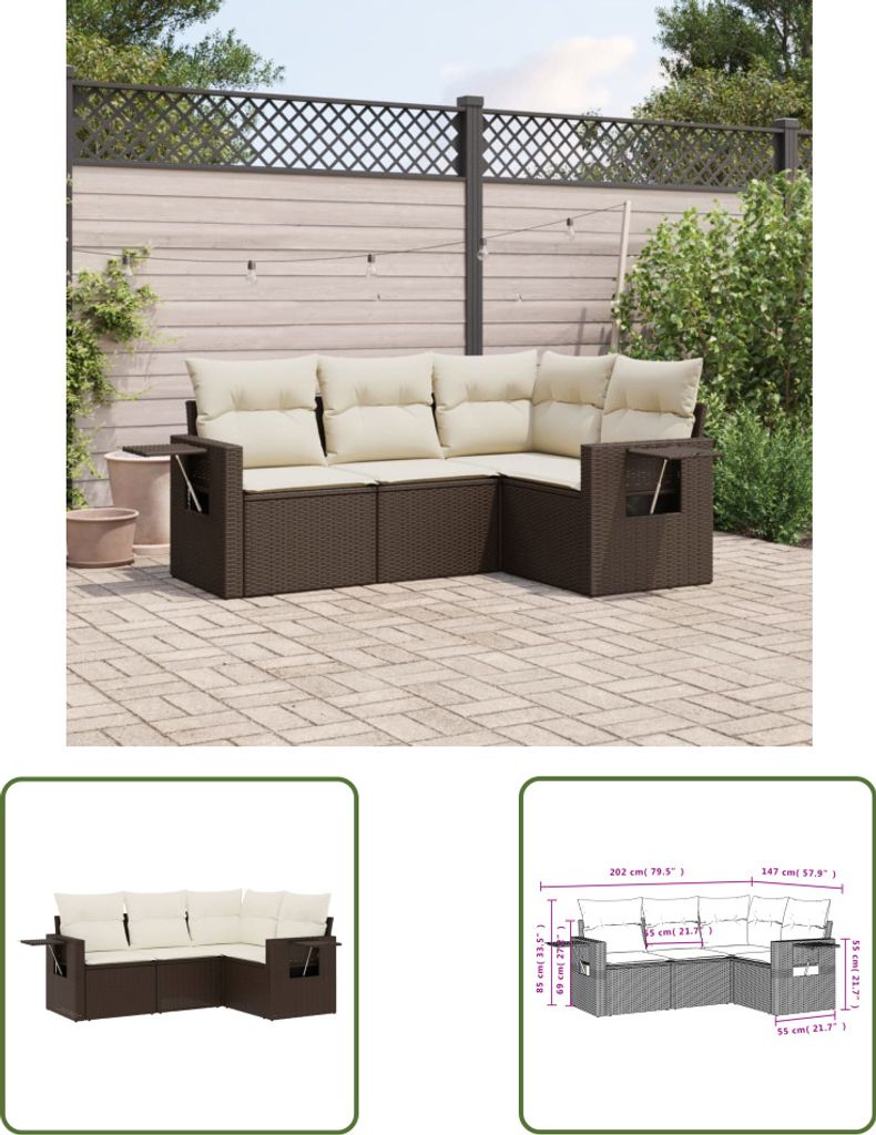 The Living Store 4-tlg. Garten-Sofagarnitur mit Kissen Braun Poly Rattan