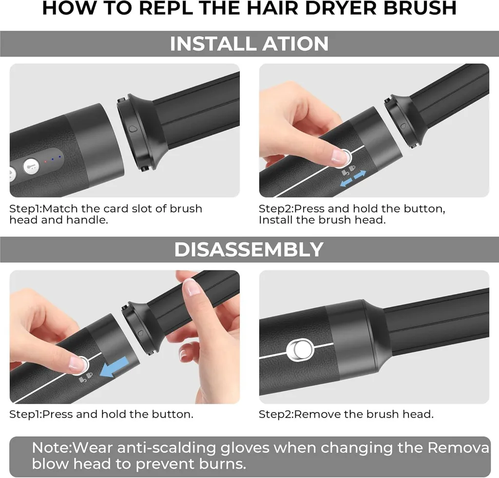Brosse à air chaud multifonction avec diffuseur et 6 embouts de coiffage noirs