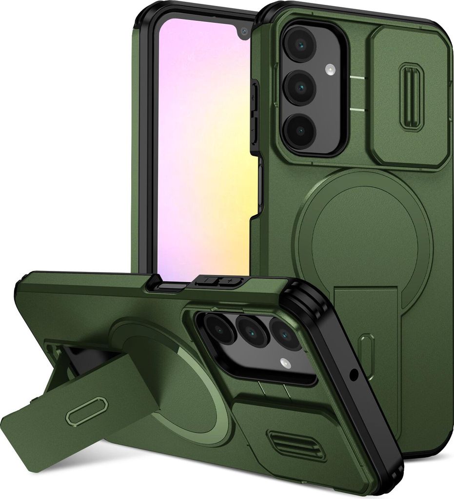 Magnetisch Hülle für Samsung Galaxy A25, Dual Layer Stoßfest Handyhülle mit Dia Kameraschutz, Verstellbarem Ständer Grün