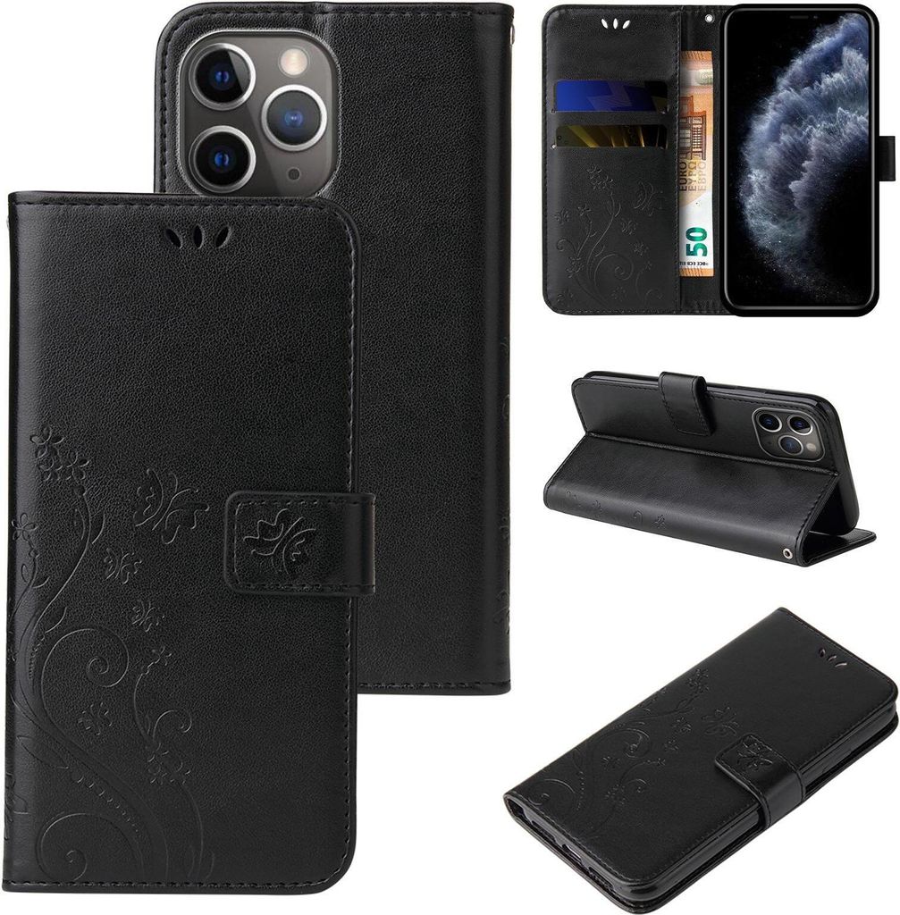 Handyhülle für Apple iPhone 11 Pro Max Floral Blumen Schmetterling Flip Cover Hülle Case Klapphülle Handytasche Farbe: Schwarz