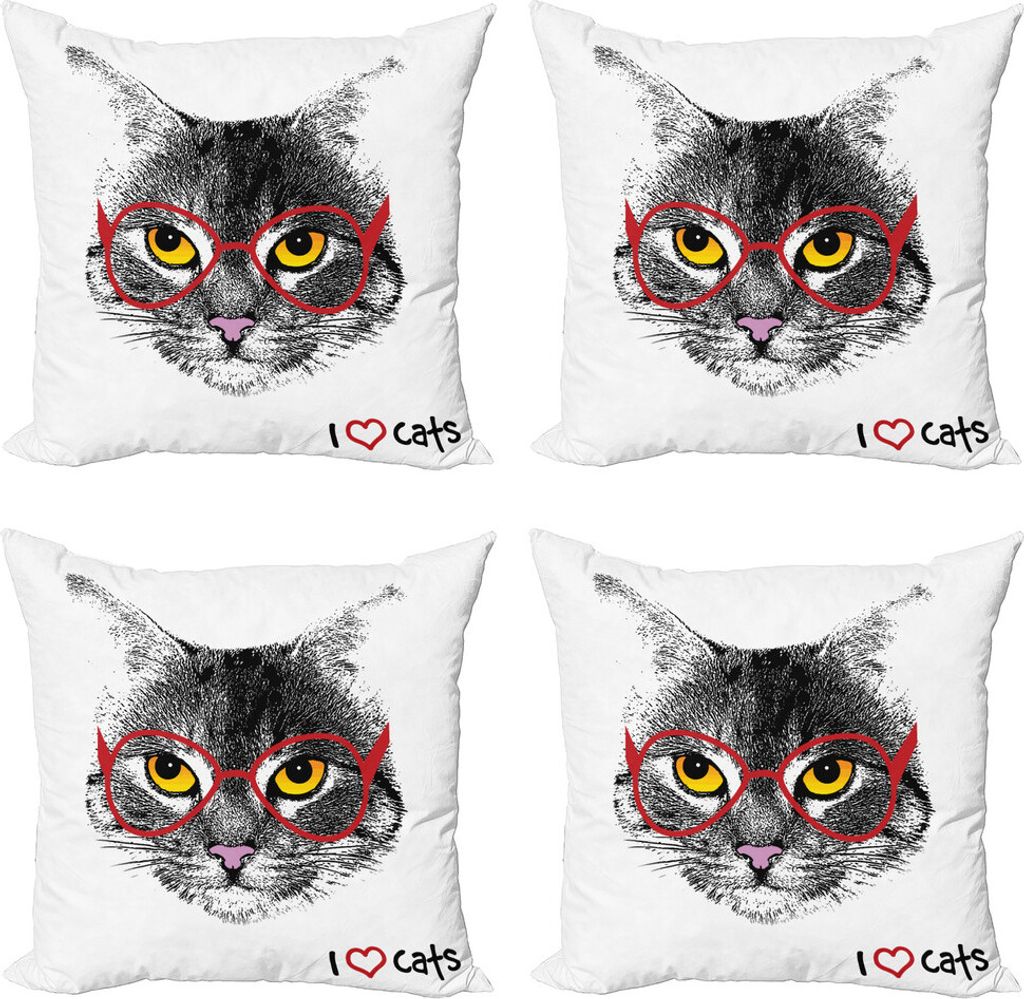 ABAKUHAUS Katze Kissenbezug Set (4 Stück), Nerd-Katze mit Gläsern, Moderner Doppelseitiger Digitaldruck, 40 cm x 40 cm, Schwarz Weiß Rot