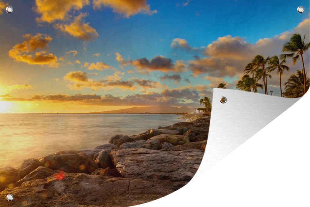 MuchoWow 90x60 cm Outdoor-Poster Gartendeko Sichtschutz Garten Poster für den Garten Diamond Head und der Sonnenuntergang in Honolulu, Hawaii