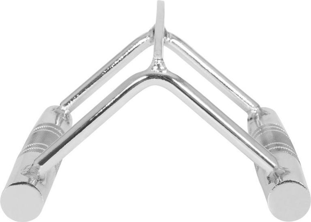 A chrome-plated V-bar attachment for a cable machine, designed for rowing exercises.