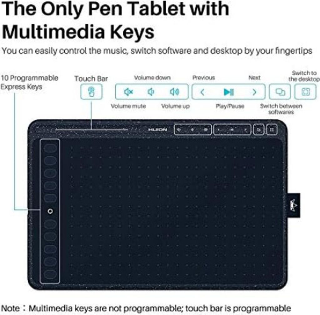 HUION HS611 Grafiktablett, 10,2 x 6,36 Zoll, ideal für digitale Kunst, Malerei und Design, mit 8 Multimedia-Tasten, 10 Express-Tasten und Touch St...