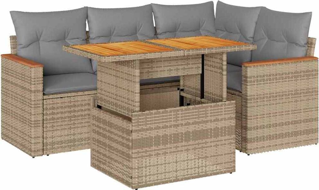5-tlg. Garten-Sofagarnitur mit Kissen Beige Poly Rattan Akazie