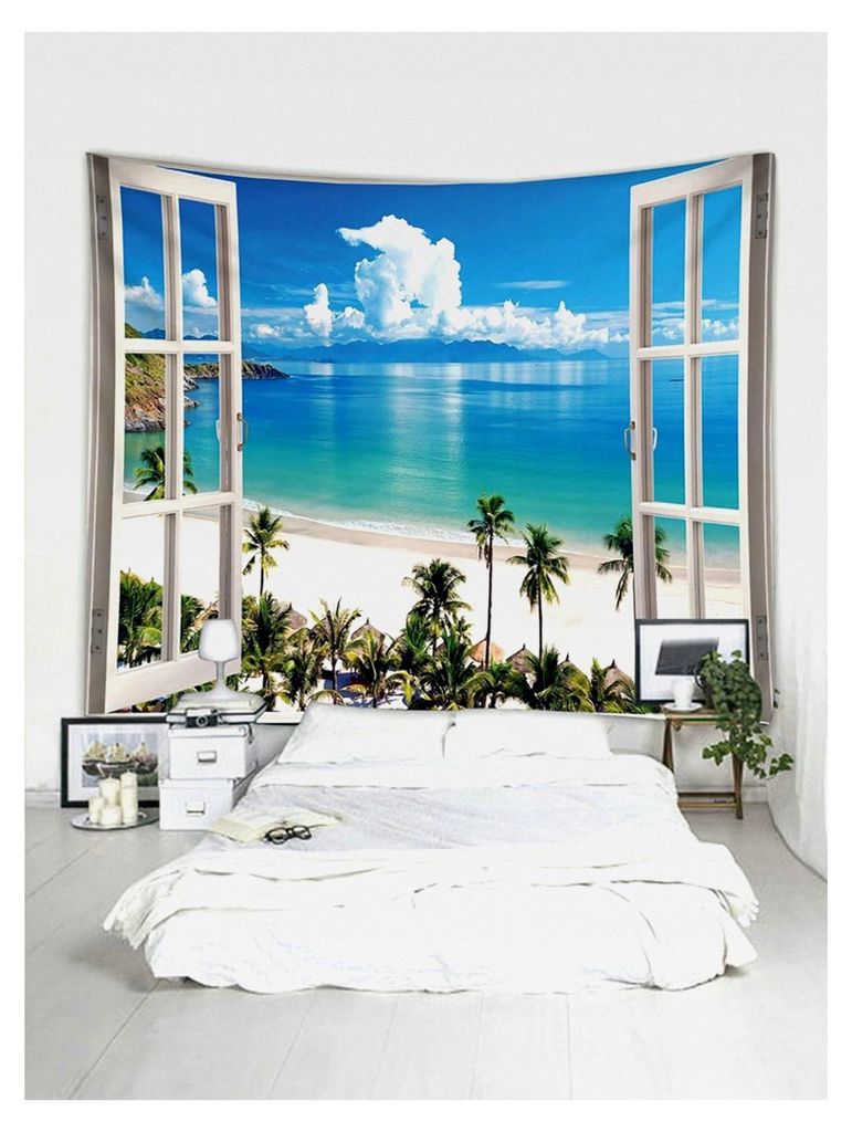 Wandteppich Strand Meer, Tropische Natur Landschaft für Schlafzimmer und Wohnzimmer 240 x 220 cm Blau Himmel