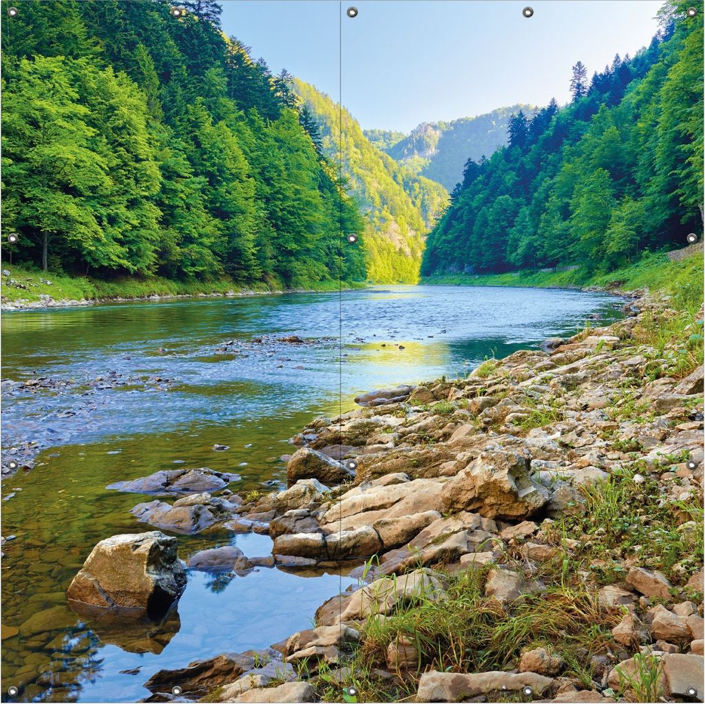 Wallario Outdoor-Poster für Garten oder Balkon, Motiv Fluss in den Bergen an steinigem Ufer, in ca. 180 x 180 cm